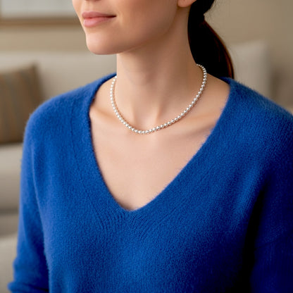 Solid Italian 925 sterling silver 5mm bead necklace on model — substantial mirror-polished bead necklace by Ashley Nicole Jewelry Laguna Beach