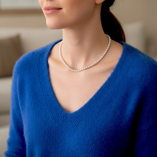 Solid Italian 925 sterling silver 5mm bead necklace on model — substantial mirror-polished bead necklace by Ashley Nicole Jewelry Laguna Beach