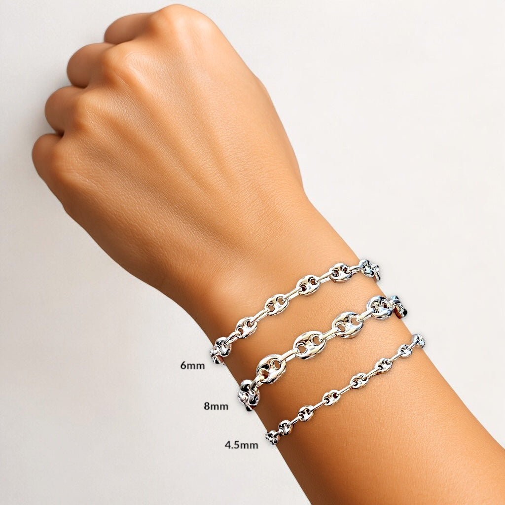 Three widths of the high polish 925 solid sterling silver puffed mariner anchor chain bracelet displayed together by Ashley Nicole Jewelry
