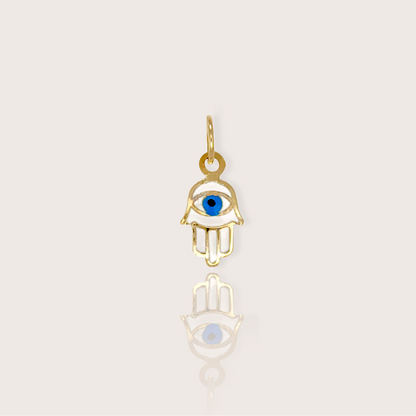 Tiny 14K Yellow Gold Hamsa Hand Charm. Measuring 8x6mm