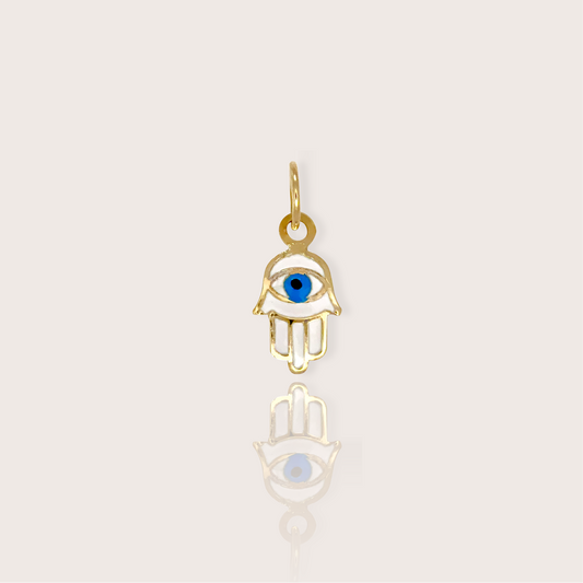 Elegance and protection with our Tiny 14K Yellow Gold Hamsa Hand Charm. Measuring 8x6mm, this dainty pendant features an intricate white and blue enamel detailing, representing the traditional Hamsa symbol known for its protective qualities.