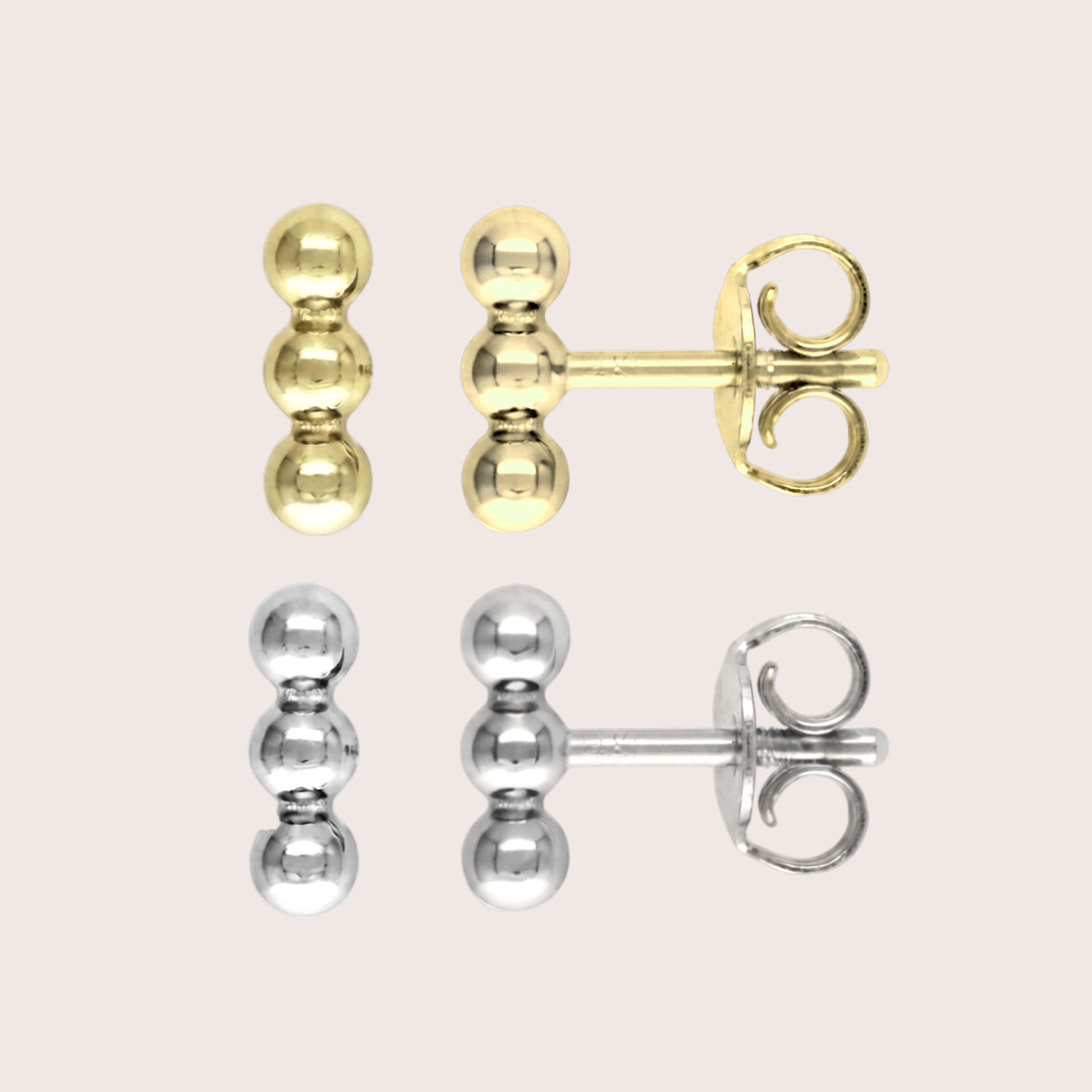 Front and side view of triple bead vertical bar stud earrings available in 14K gold-filled and solid sterling silver. Waterproof, tarnish-free, and hypoallergenic.