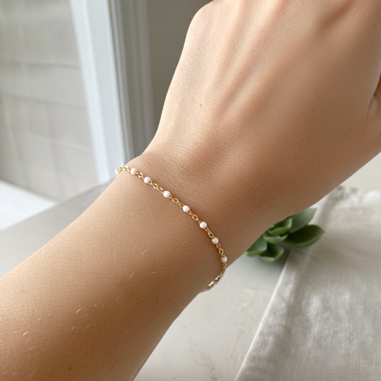 White Beaded  Station Chain Bracelet in 14K Gold Filled -  Durable, tarnish-resistant, and hypoallergenic for everyday wear