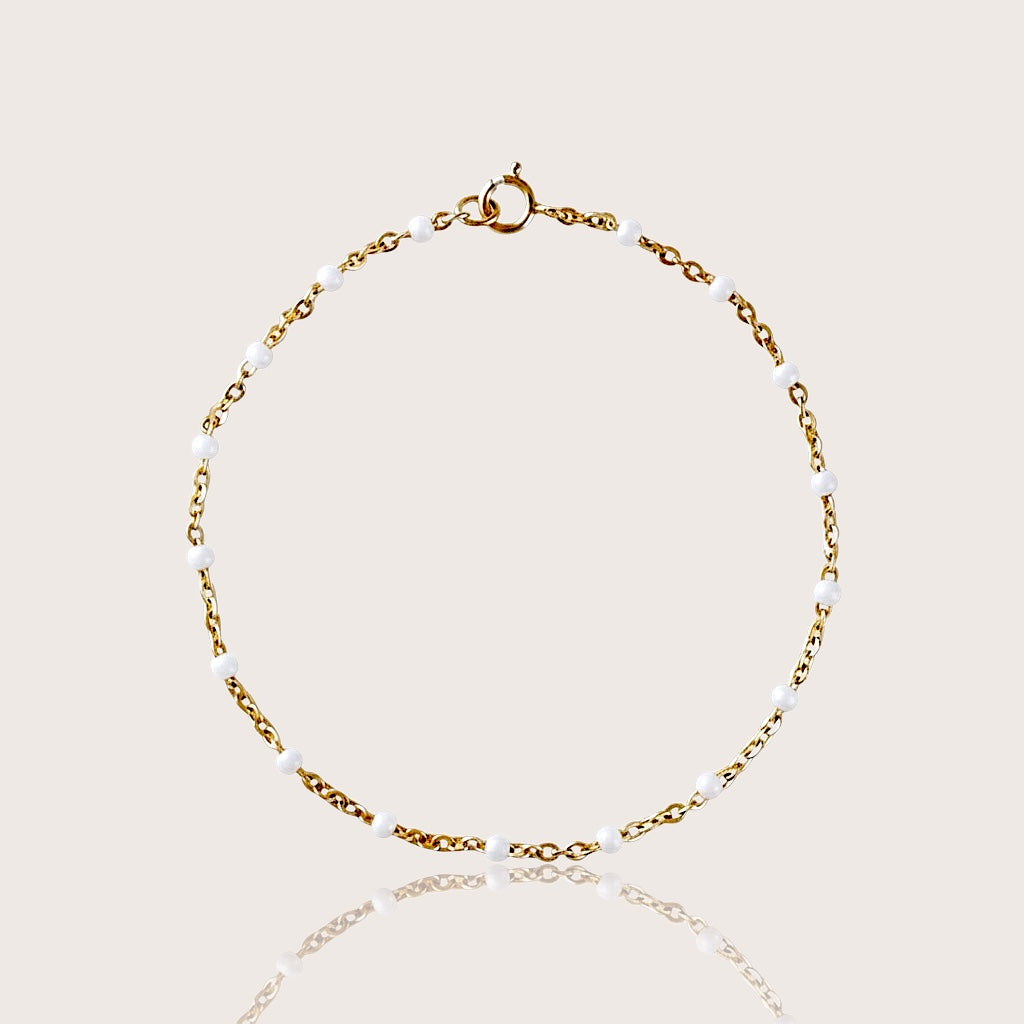 White Enamel Bead Station Bracelet – 14K Gold Filled Chain Bracelet
