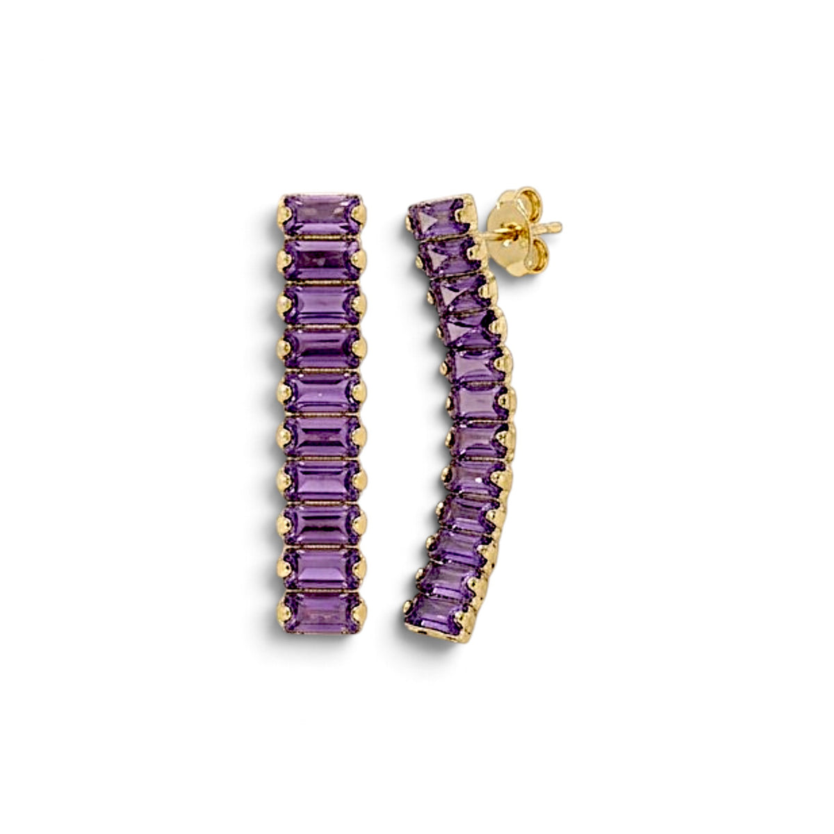 Pair of amethyst-purple baguette CZ drop earrings with gold-tone settings, shown from the front and at an angle with a post and butterfly back visible.