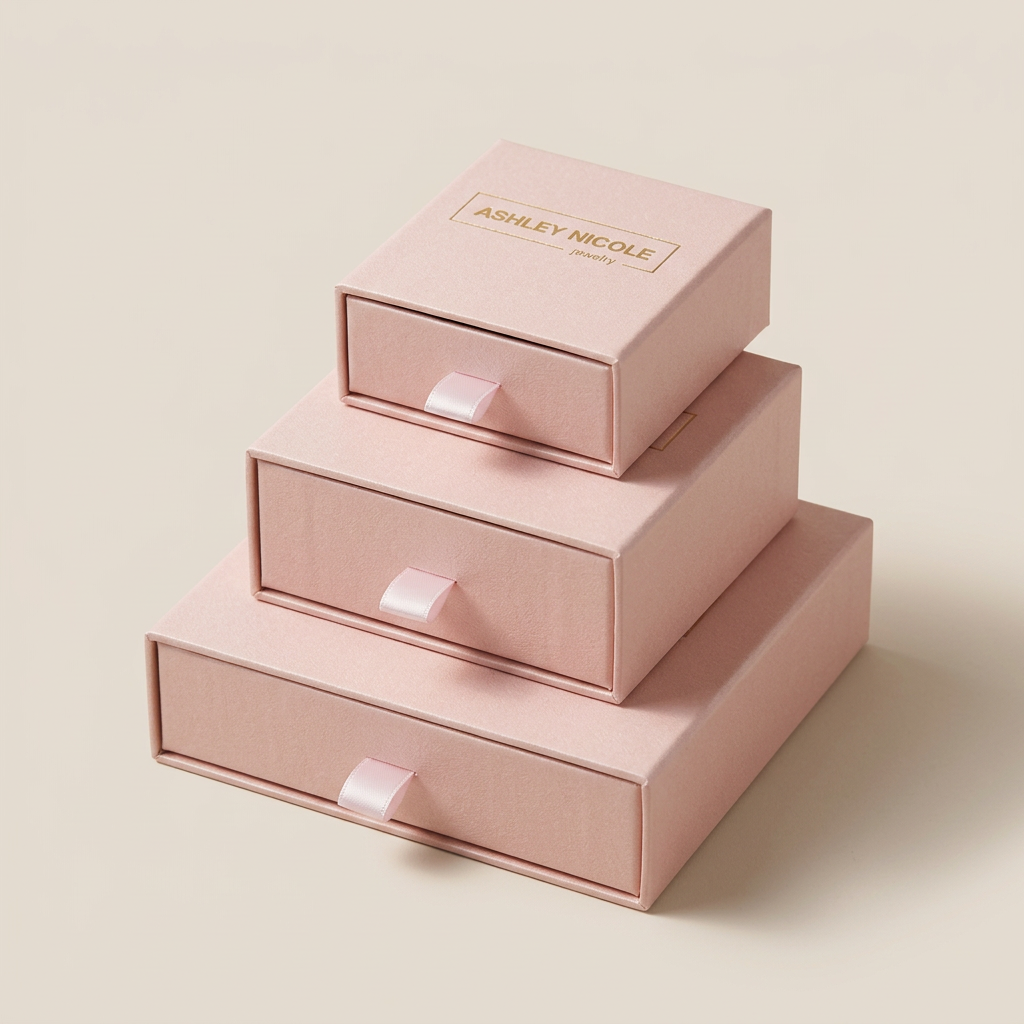 Three blush pink Ashley Nicole Jewelry drawer boxes stacked in graduated sizes