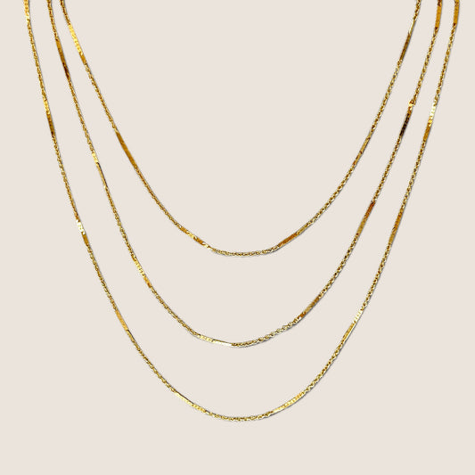 Three 14K Gold Filled Bar Station Chain Necklaces layered close up details