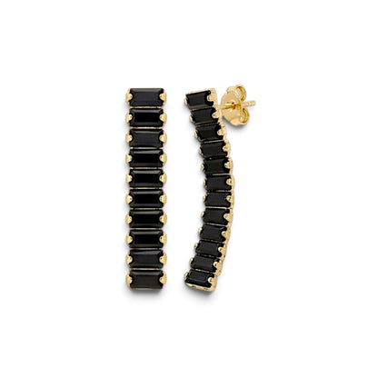 Pair of black baguette CZ drop earrings with gold-tone settings, shown from the front and at an angle with a post and butterfly back visible.