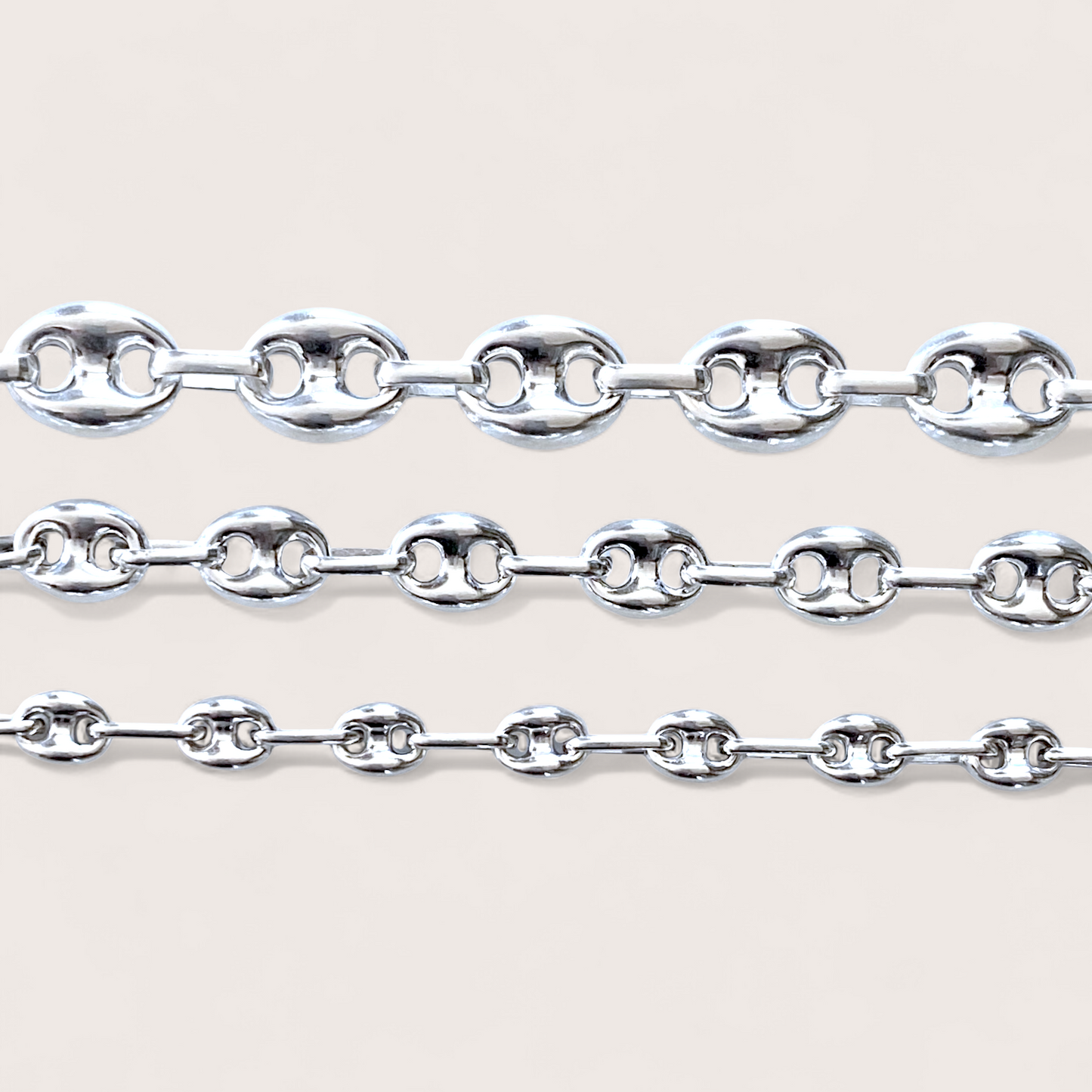 Three widths of the high polish 925 solid sterling silver puffed mariner anchor chain bracelet displayed side by side for visual compare  by Ashley Nicole Jewelry