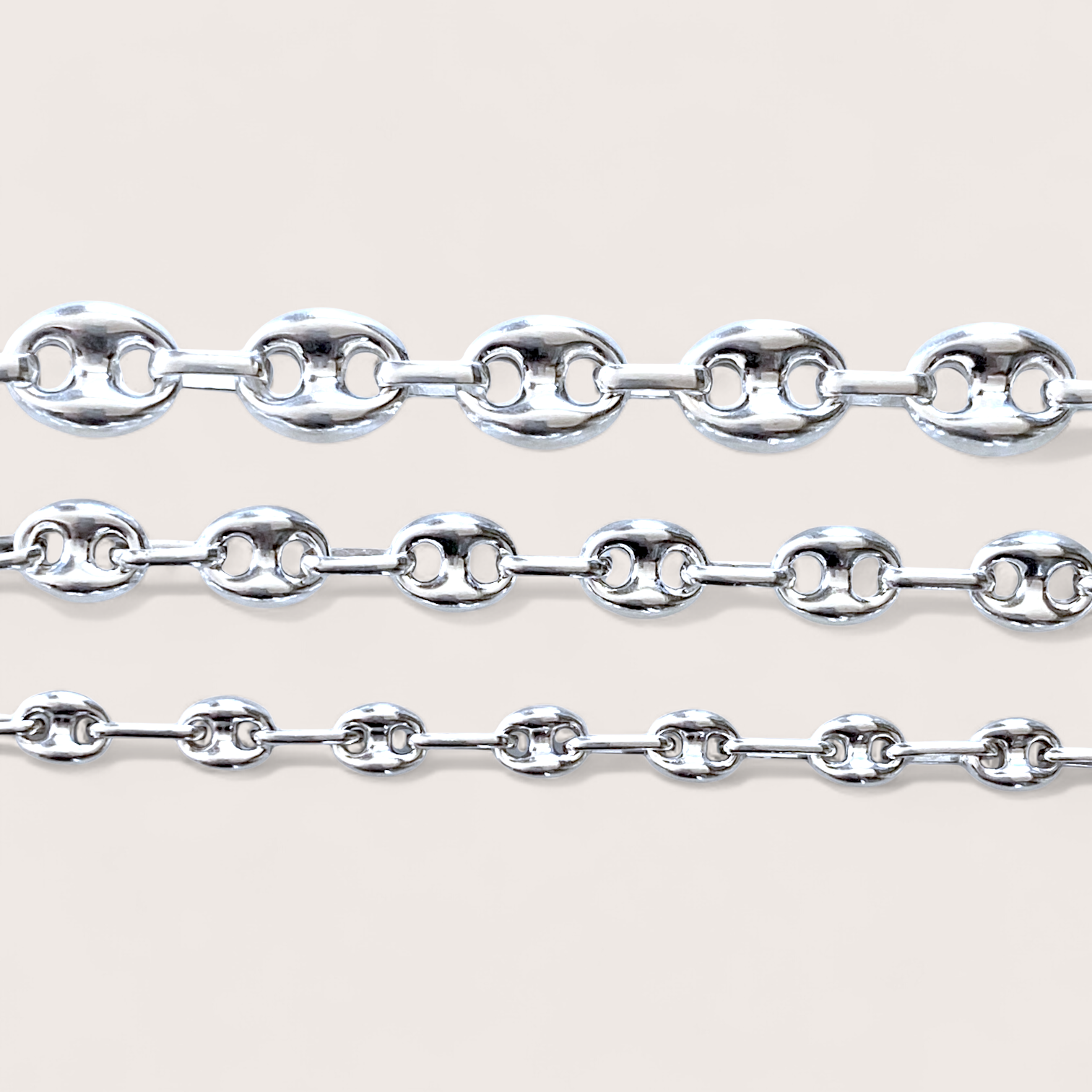 Three widths of the high polish 925 solid sterling silver puffed mariner anchor chain bracelet displayed side by side for visual compare  by Ashley Nicole Jewelry