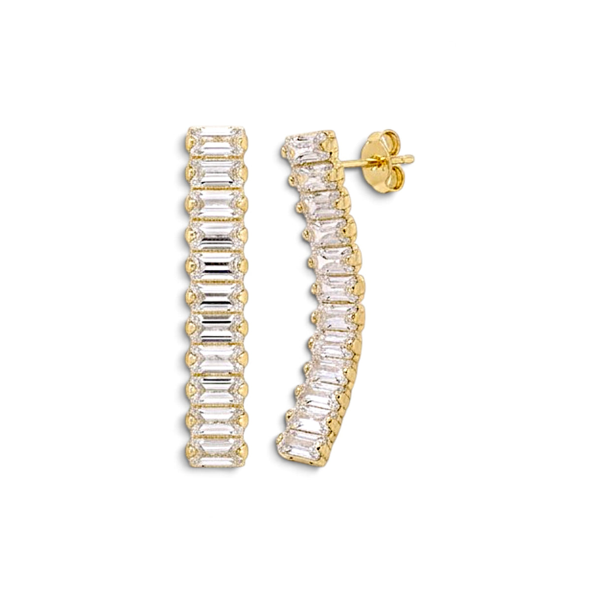 Pair of clear baguette CZ drop earrings with gold-tone settings, shown from the front and at an angle with a post and butterfly back visible.
