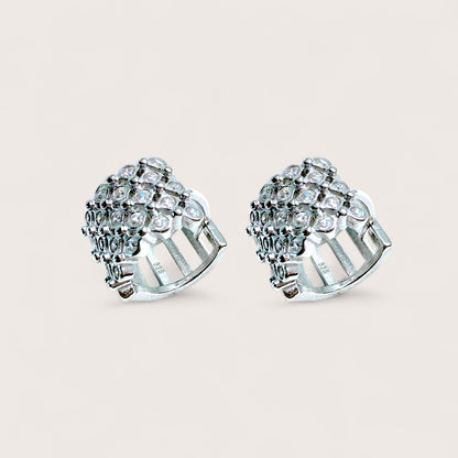 Pair of silver earrings with gemstones on a light beige background