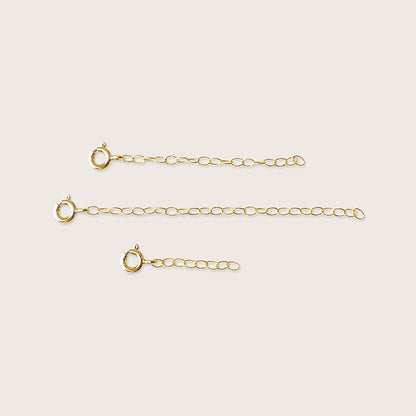 14K Gold Filled Necklace Extender showing the spring-ring clasp and multiple size options on a clean studio background.