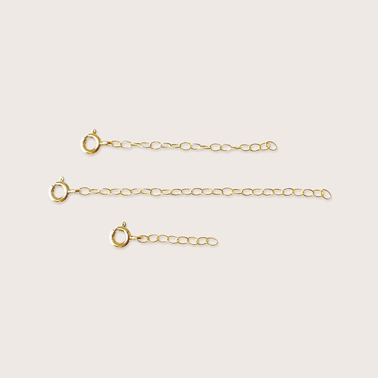 14K Gold Filled Necklace Extender showing the spring-ring clasp and multiple size options on a clean studio background.
