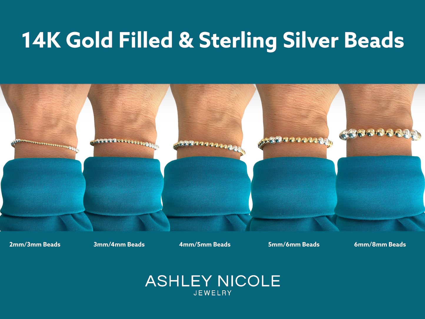 Mixed metal two-tone bead bracelet styled on a model's wrist alongside separate all-gold and all-silver stacking bands.