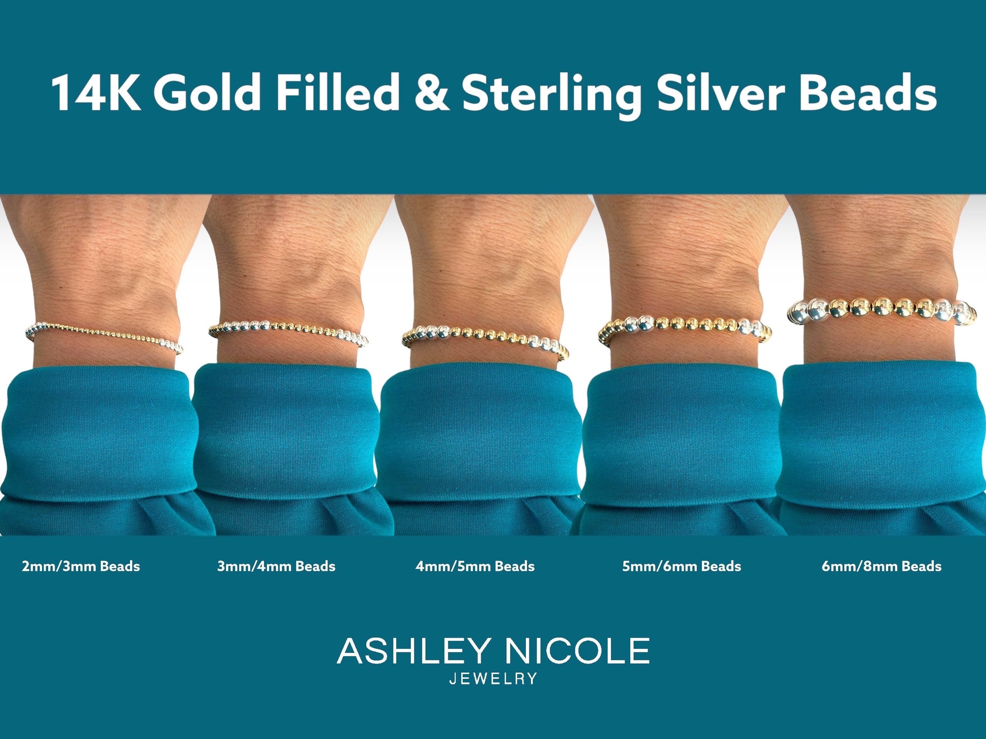Mixed metal two-tone bead bracelet styled on a model's wrist alongside separate all-gold and all-silver stacking bands.