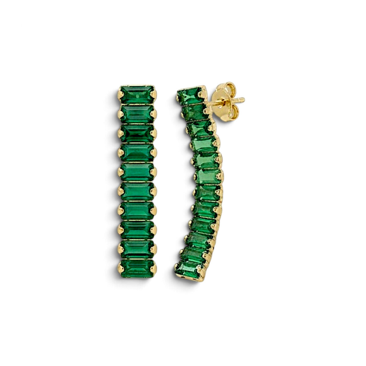 Pair of emerald-green baguette CZ drop earrings with gold-tone settings, shown from the front and at an angle with a post and butterfly back visible.