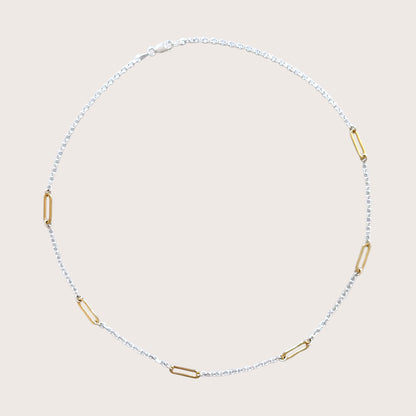 Sterling silver and gold necklace available in multiple lengths, shown in 15 to 20 inches