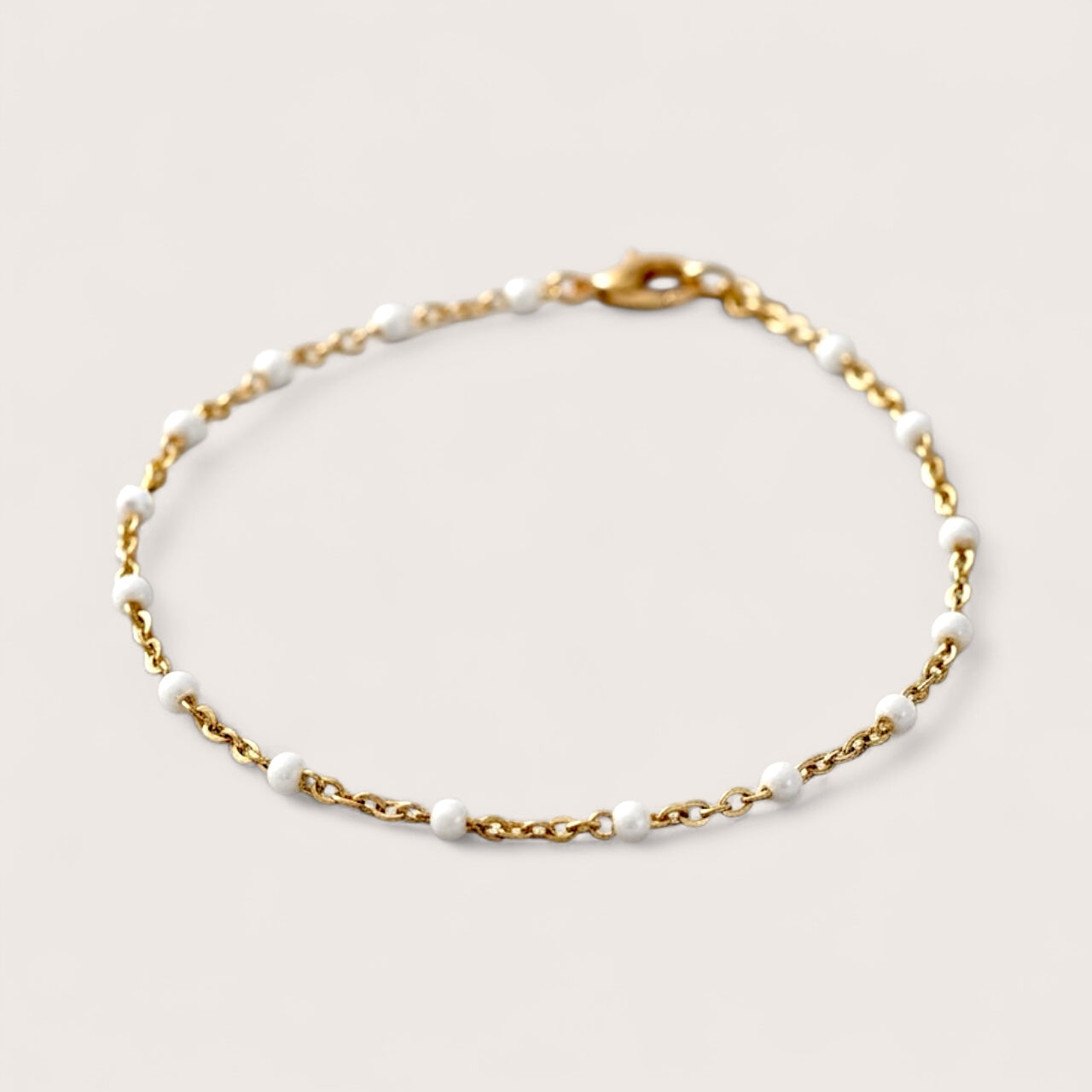White Enamel Bead Station Bracelet – 14K Gold Filled Dainty Chain – French-Inspired Minimalist Jewelry