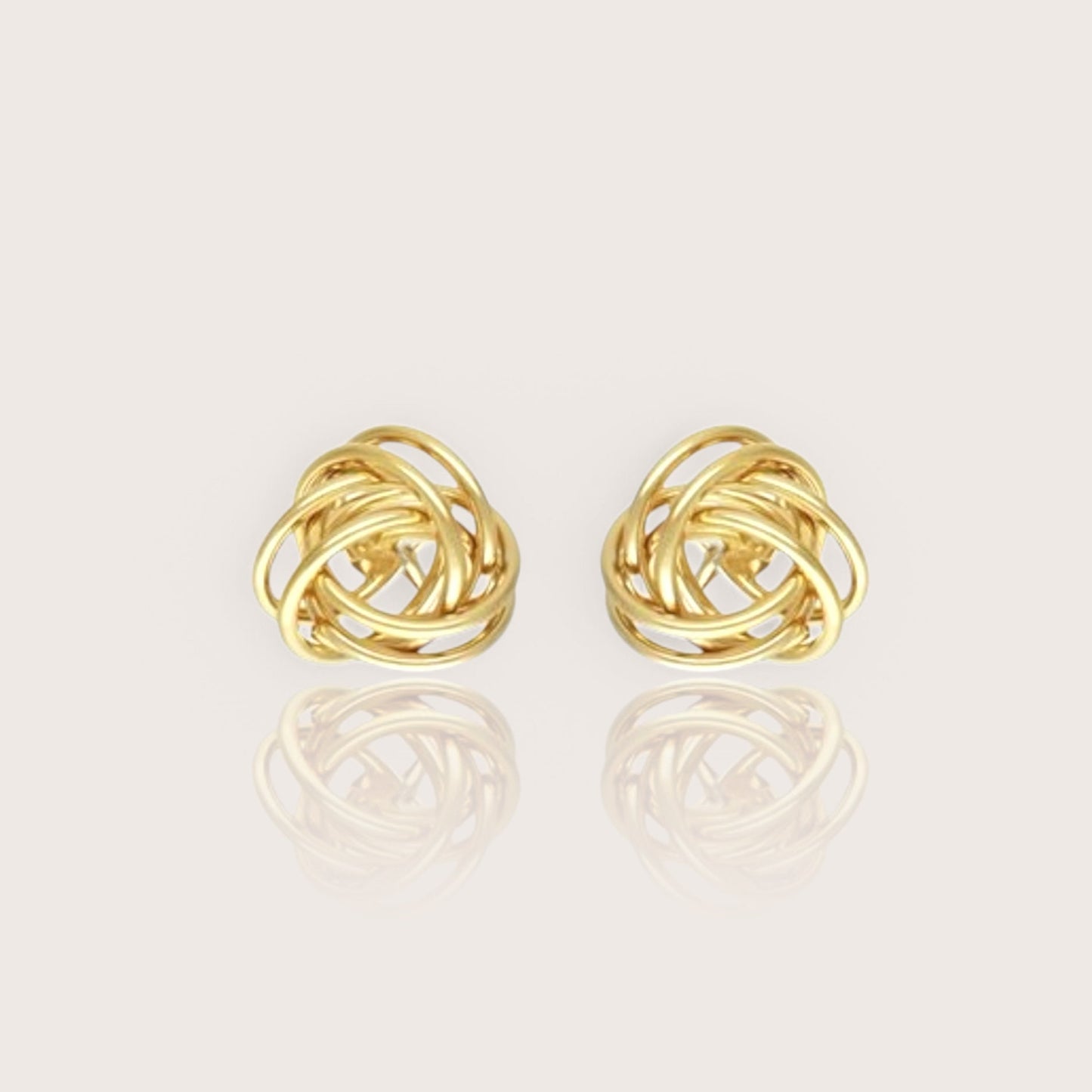 14K Gold Filled Love Knot Stud Earrings showing multi-layered interwoven wire loops on a clean background.