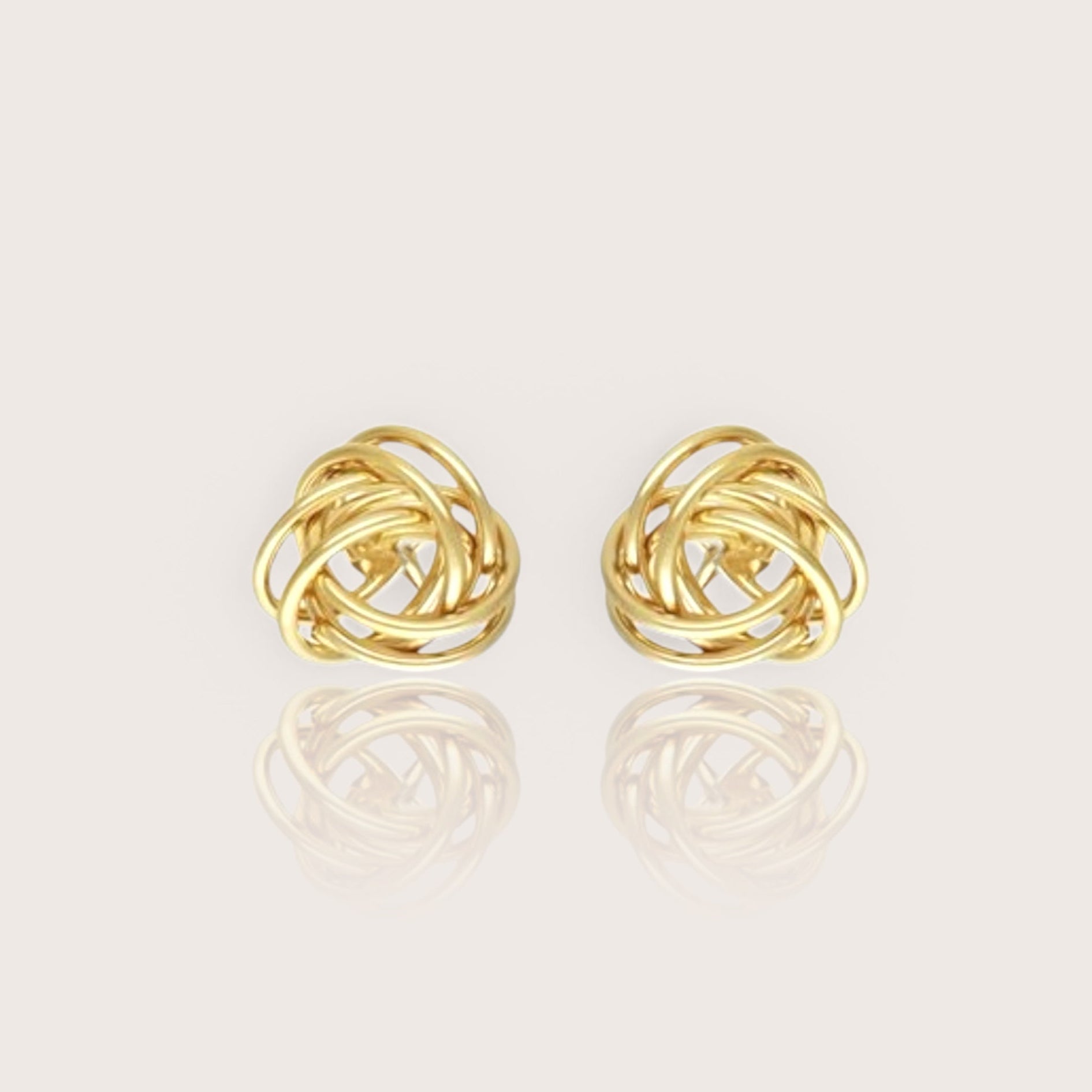 14K Gold Filled Love Knot Stud Earrings showing multi-layered interwoven wire loops on a clean background.
