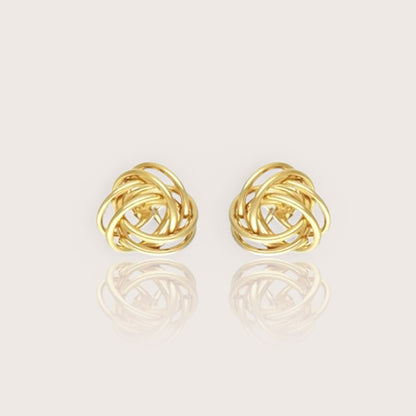 14K Gold Filled Love Knot Stud Earrings showing multi-layered interwoven wire loops on a clean background.