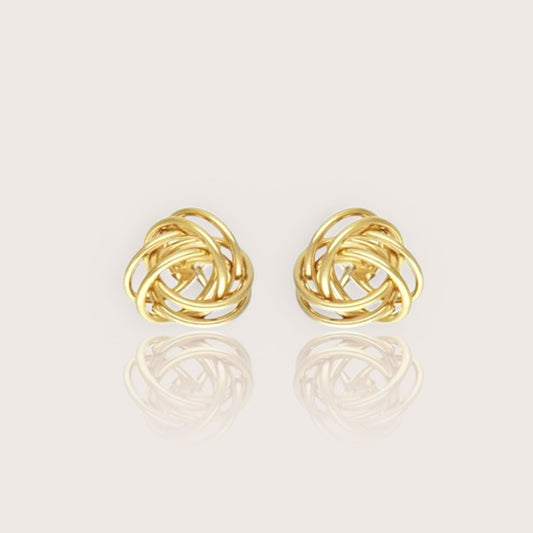 14K Gold Filled Love Knot Stud Earrings showing multi-layered interwoven wire loops on a clean background.