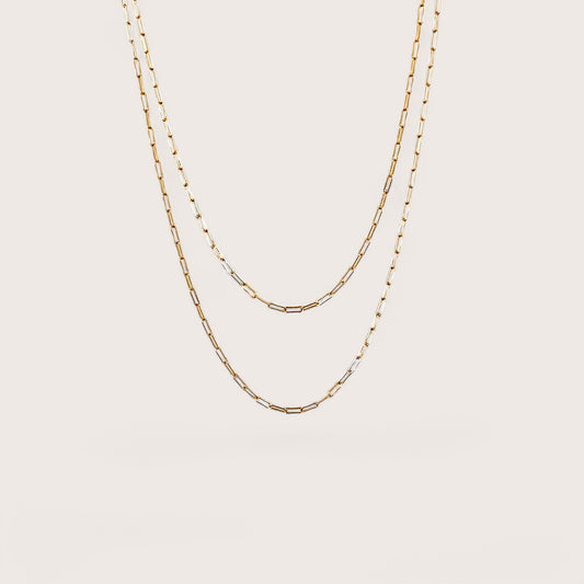 Dainty paperclip necklaces in real 14K Yellow Gold Filled, waterproof no fade gold, show layered in two lengths.
