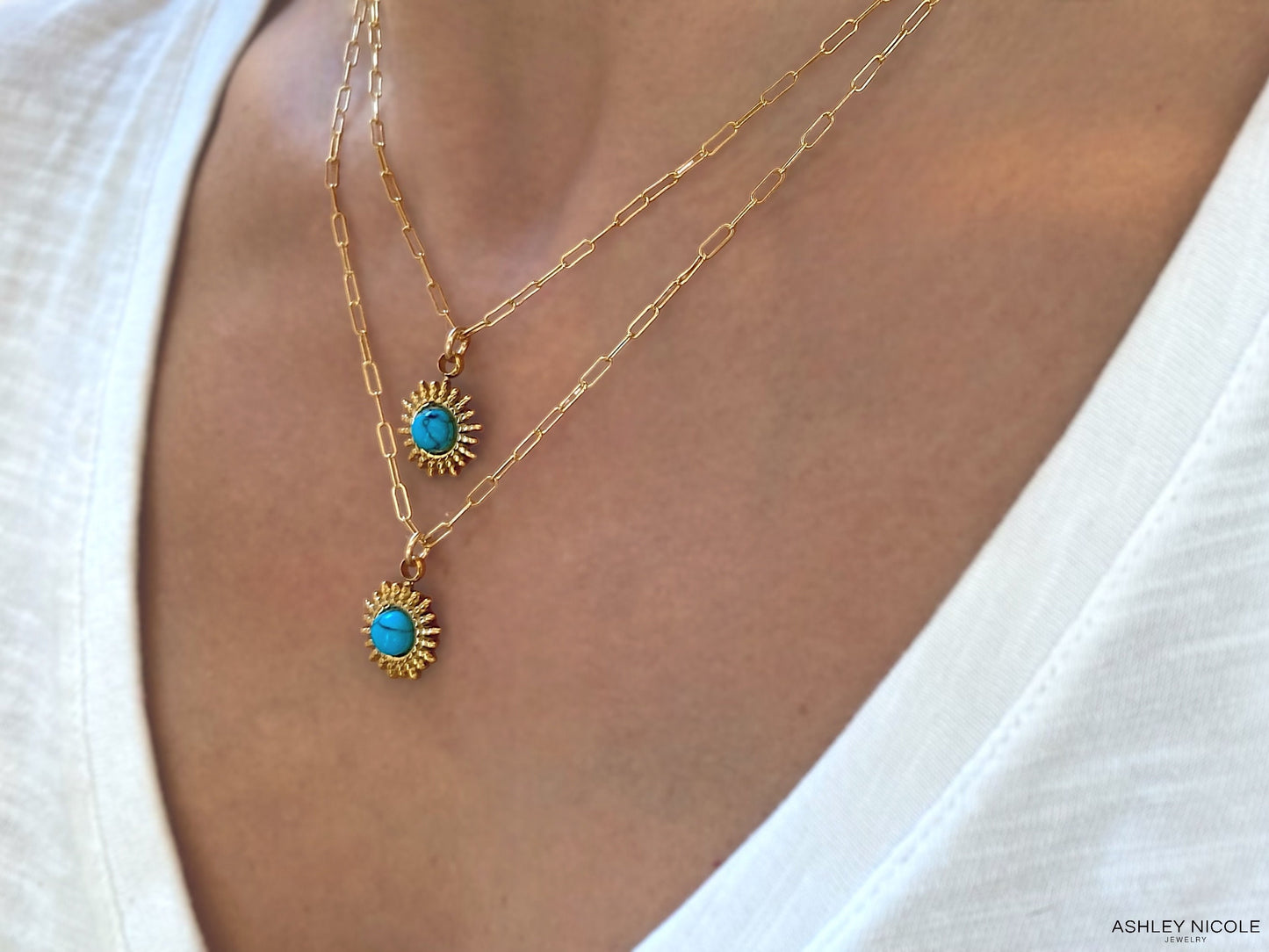 Gold and Turquoise Sun Pendant Paperclip Necklace