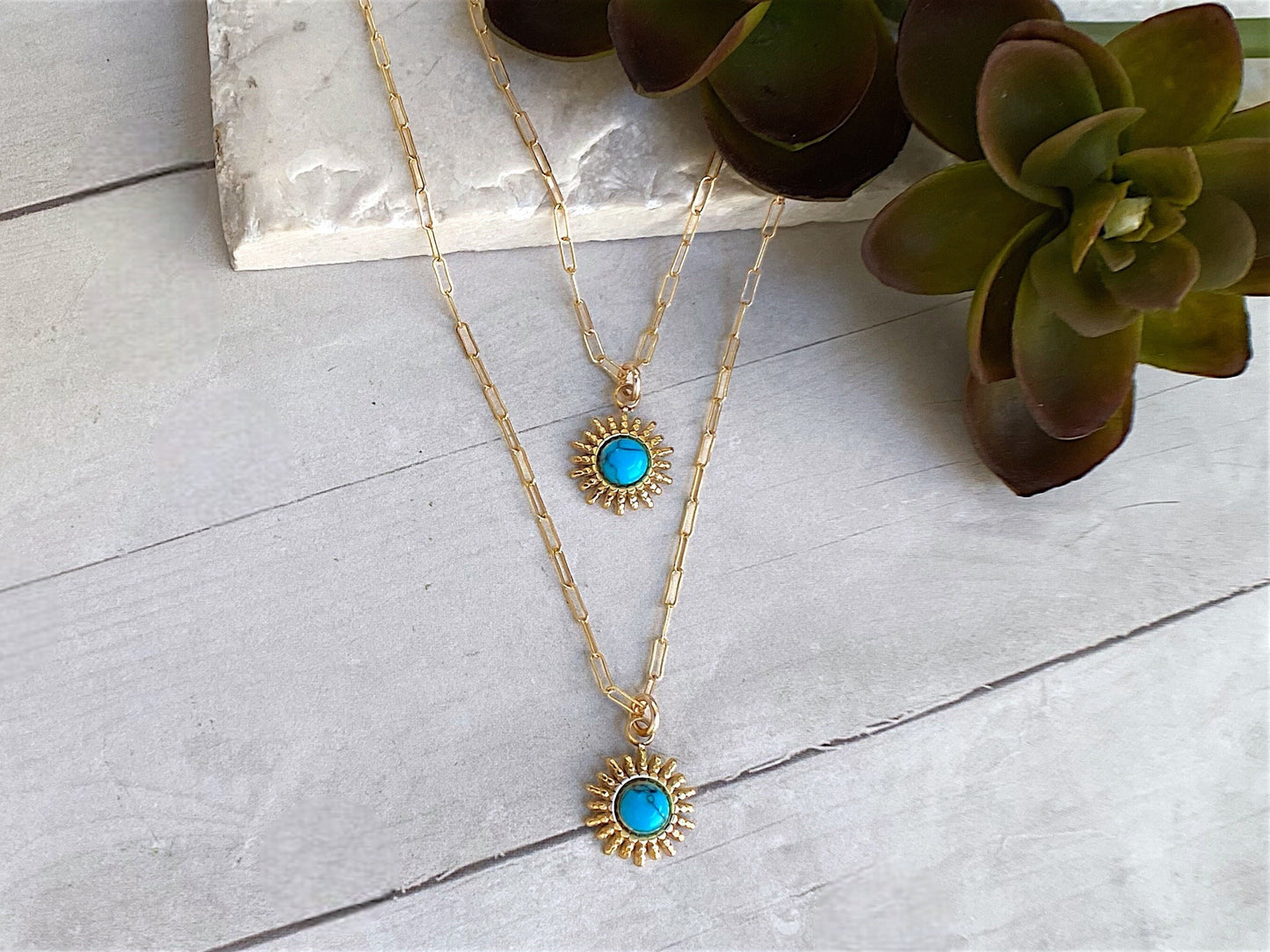 Gold and Turquoise Sun Pendant Paperclip Necklace