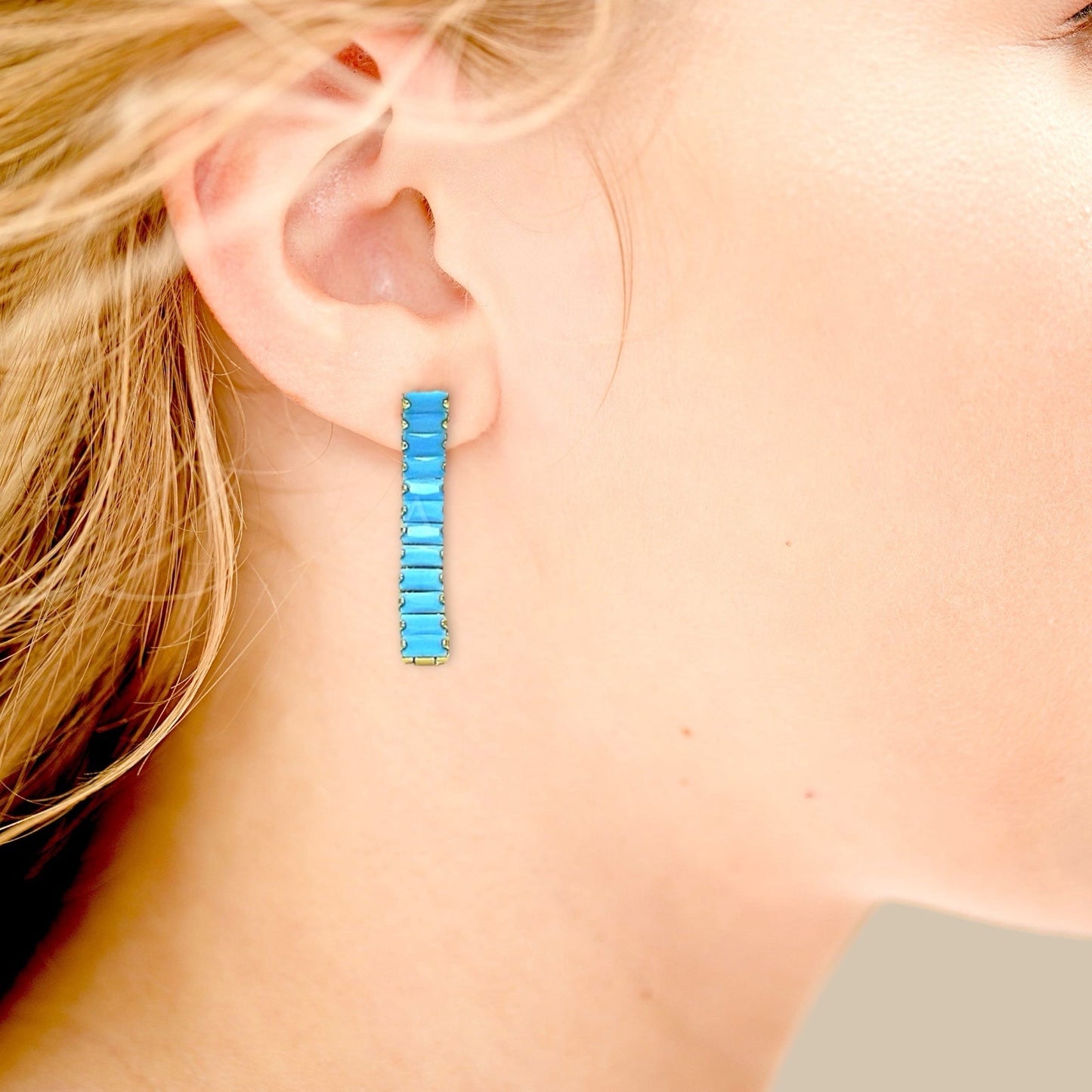 Turquoise Crystal Tennis Baguette Dangle Earrings