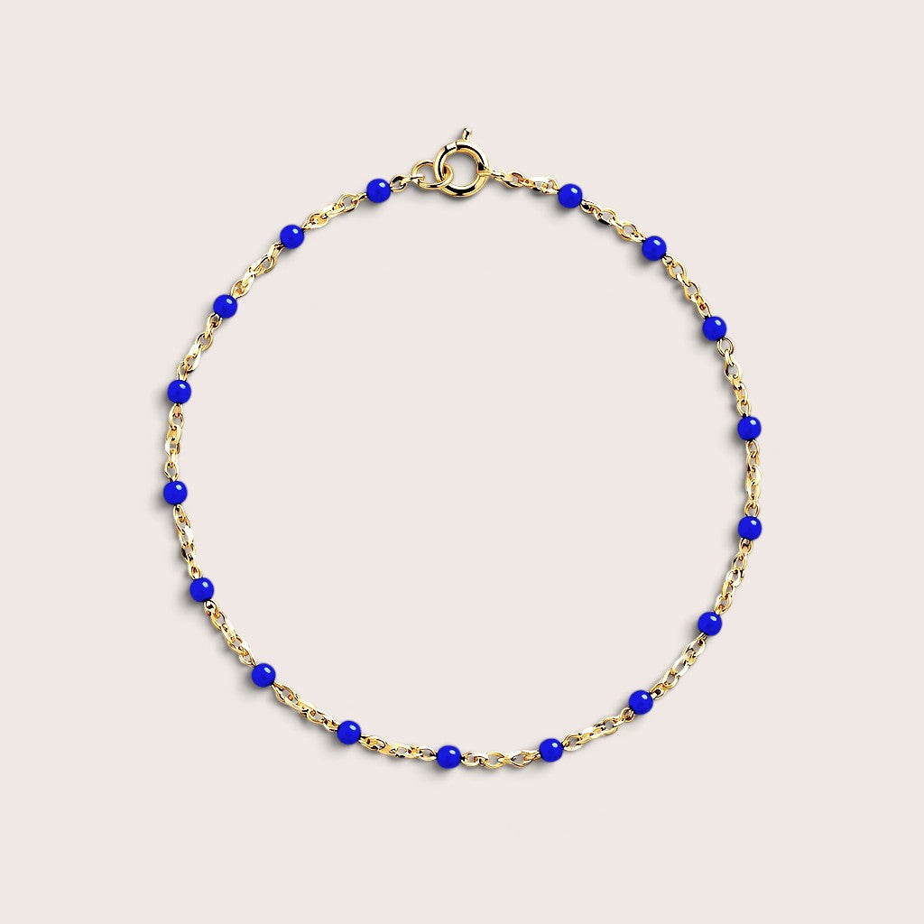 Kids cobalt-blue enamel bracelet with evenly spaced round beads and a gold-filled chain