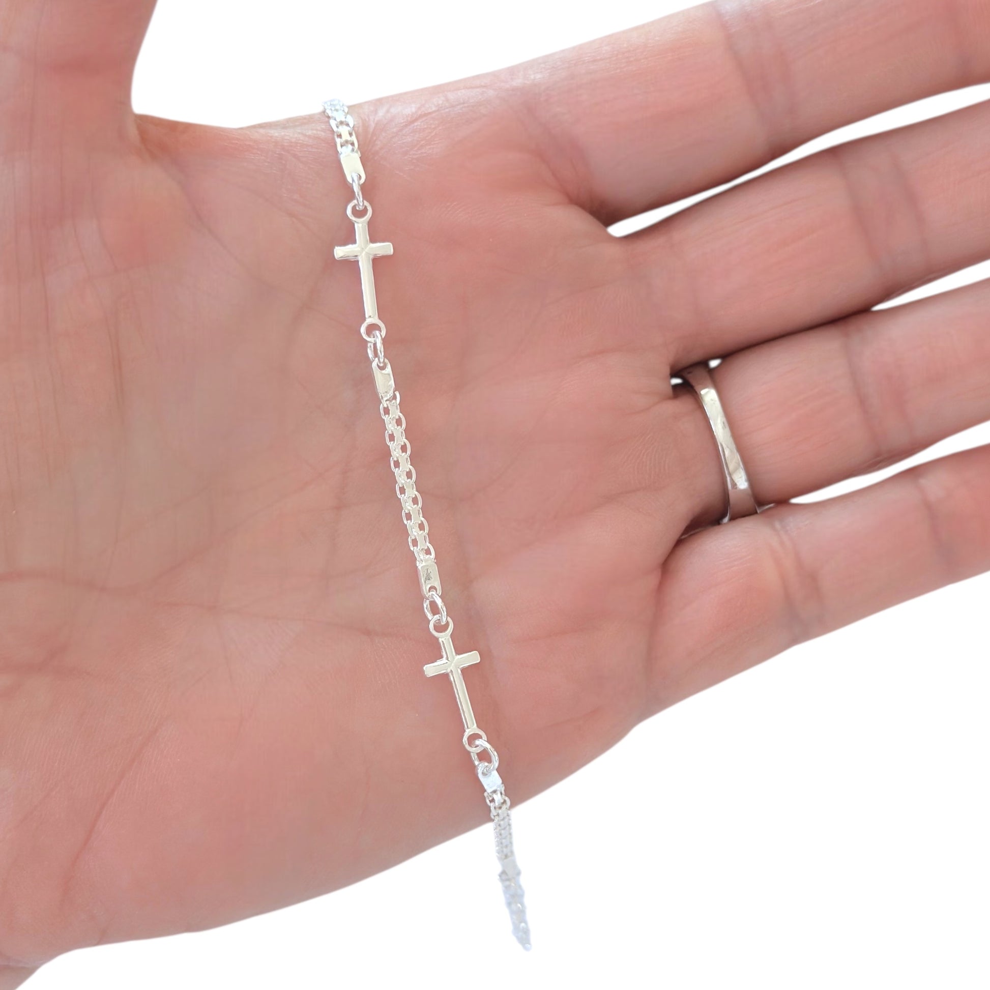 Close-up of Bismark style cross bracelet in solid 925 silver