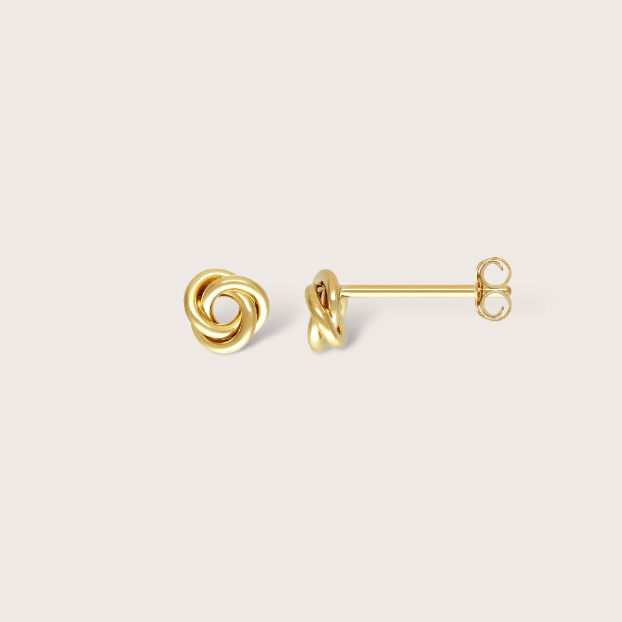 High polish 6mm interlocking knot earrings showing the hypoallergenic 14K gold filled for everyday wear.