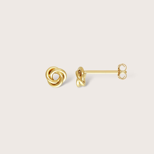 High polish 6mm interlocking knot earrings showing the hypoallergenic 14K gold filled for everyday wear.
