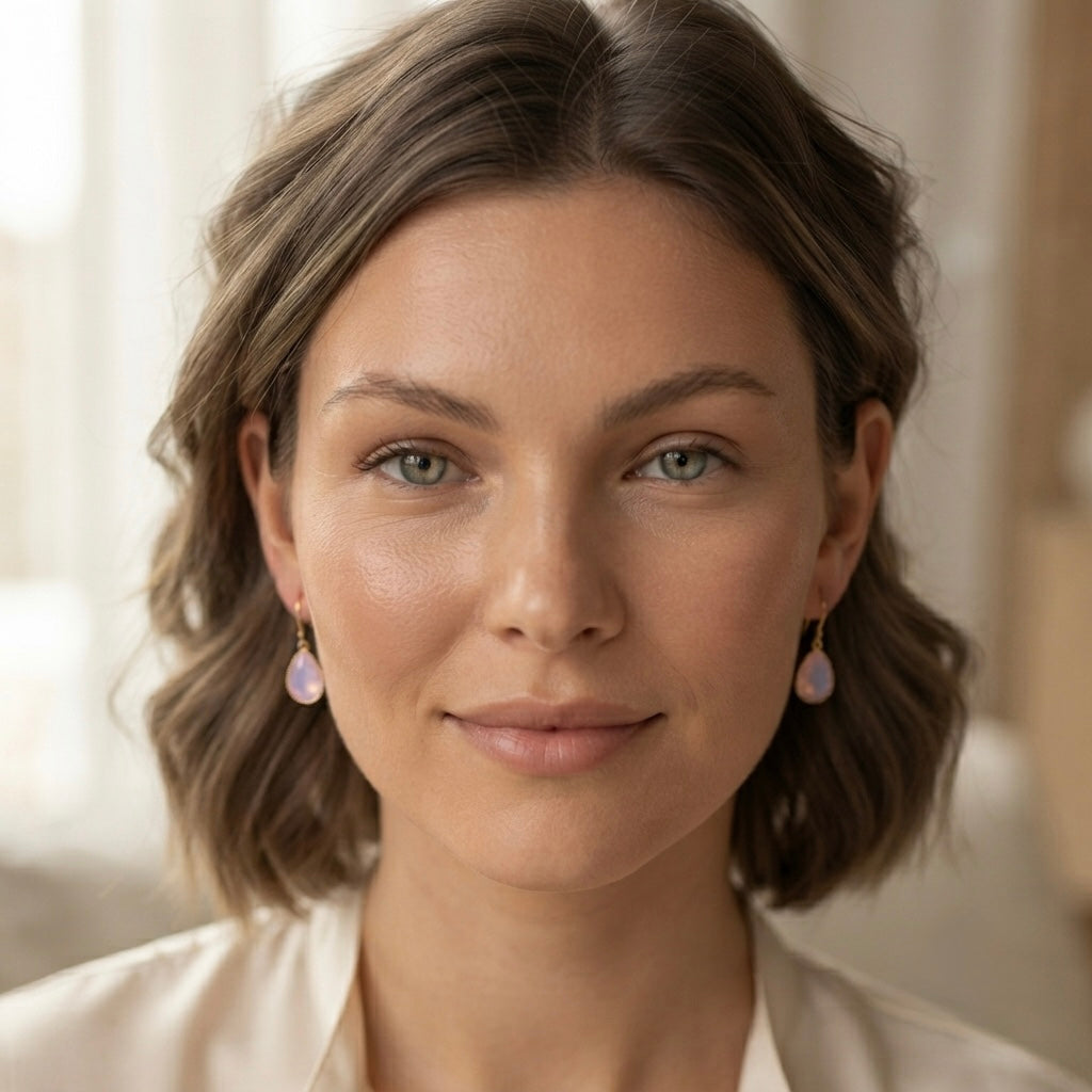 A close-up portrait of a woman with short brown hair wearing small dangling earrings with pale pink teardrop-shaped stones and gold-toned hooks, against a softly blurred indoor background.