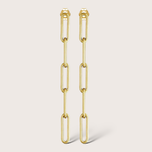 Modern 5-link paperclip dangle stud earrings shown in 14K gold filled by Ashley Nicole Jewelry.