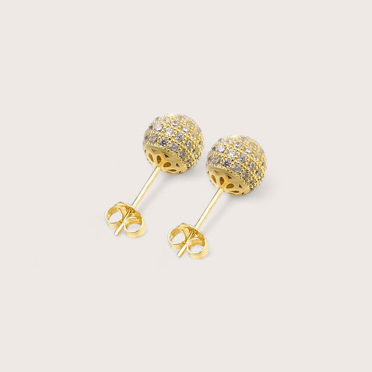 Close up macro shot of 6mm pave cz diamond ball stud earrings in 18K gold and silver plating.