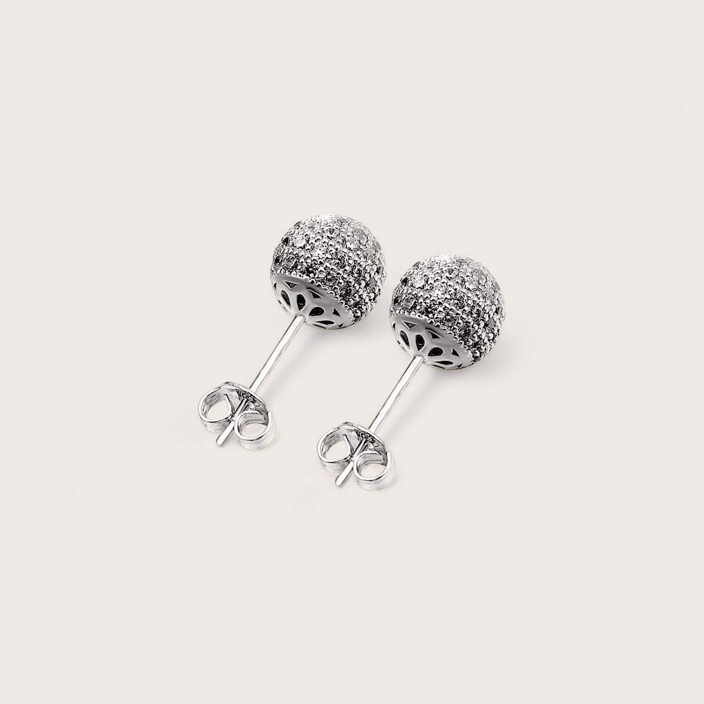 8mm clear cubic zirconia disco sparkle ball post earrings showing micro pave setting details.