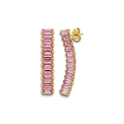 Pair of pink baguette CZ drop earrings with gold-tone settings, shown from the front and at an angle with a post and butterfly back visible.