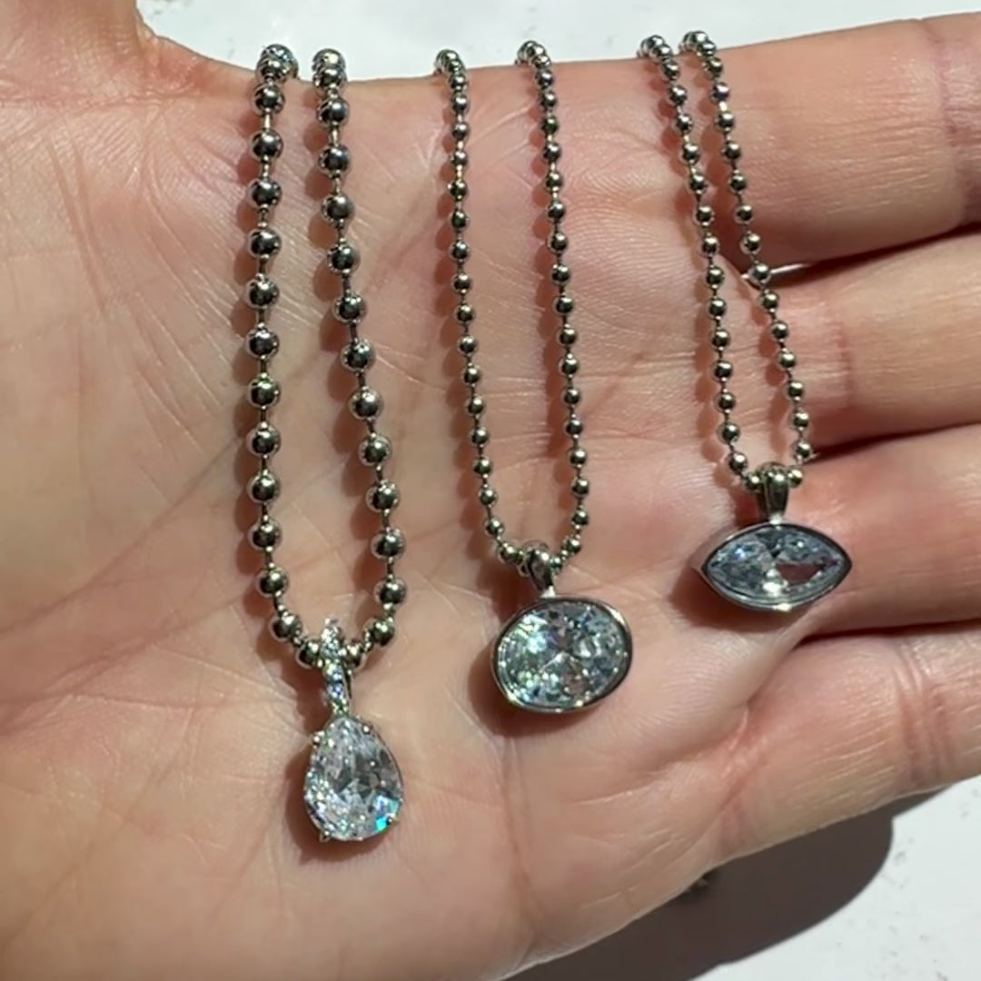 Silver Ball Chain Oval East West Bezel Necklaces