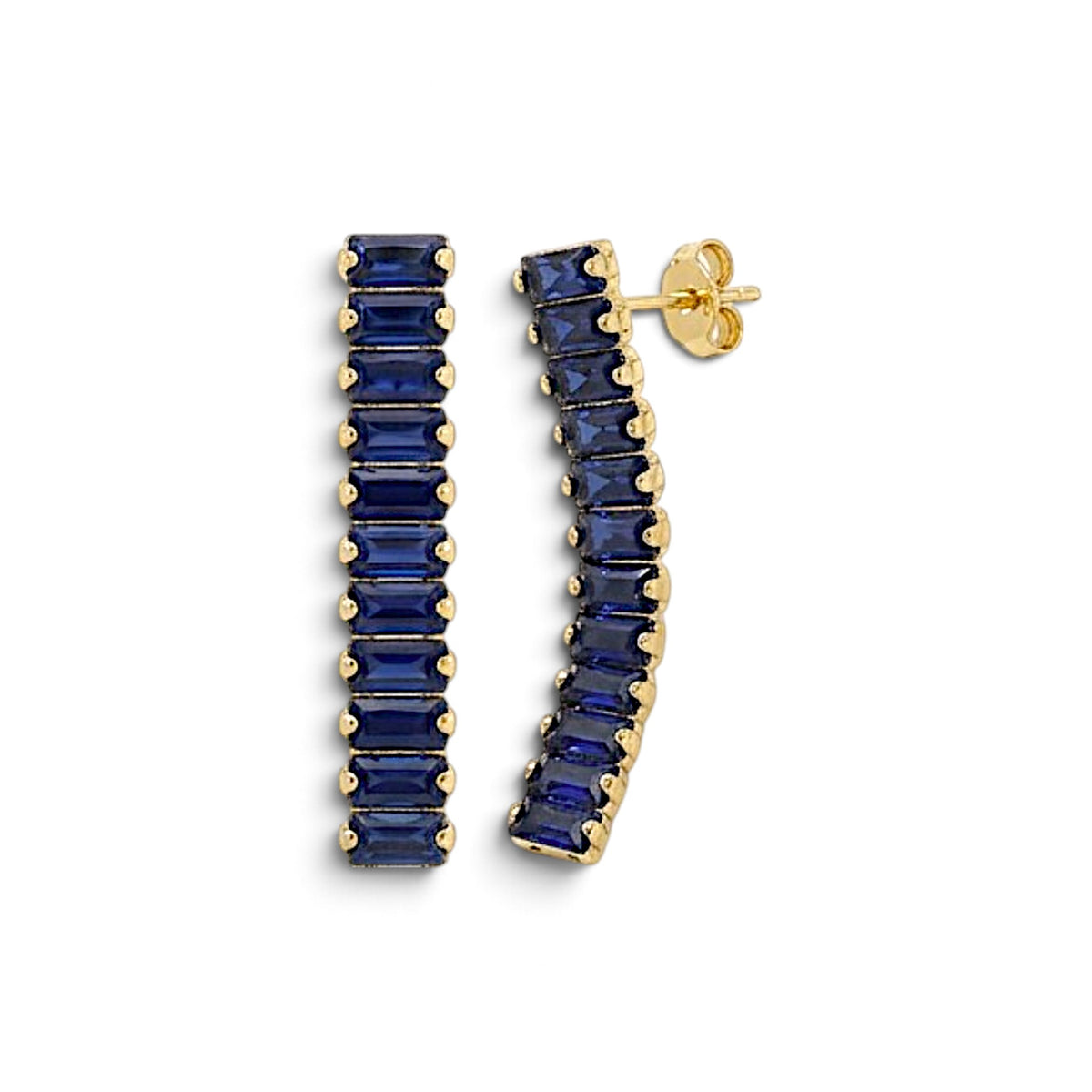Pair of sapphire-blue baguette CZ drop earrings with gold-tone settings, shown from the front and at an angle with a post and butterfly back visible.