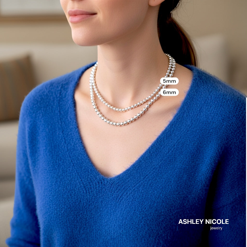5mm & 6mm Sterling Silver Bead Necklace Layered on a Model