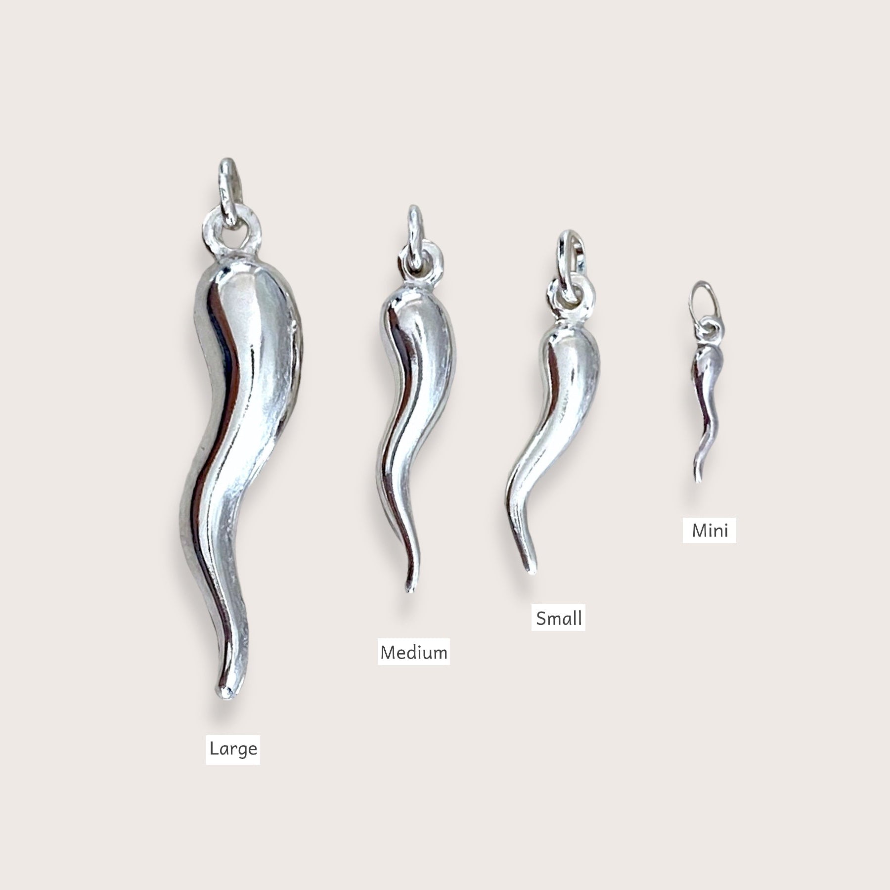 Product layout diagram showing the four sizes of the bright silver cornicello charms with clean typography labels reading Large, Medium, Small, and Mini.