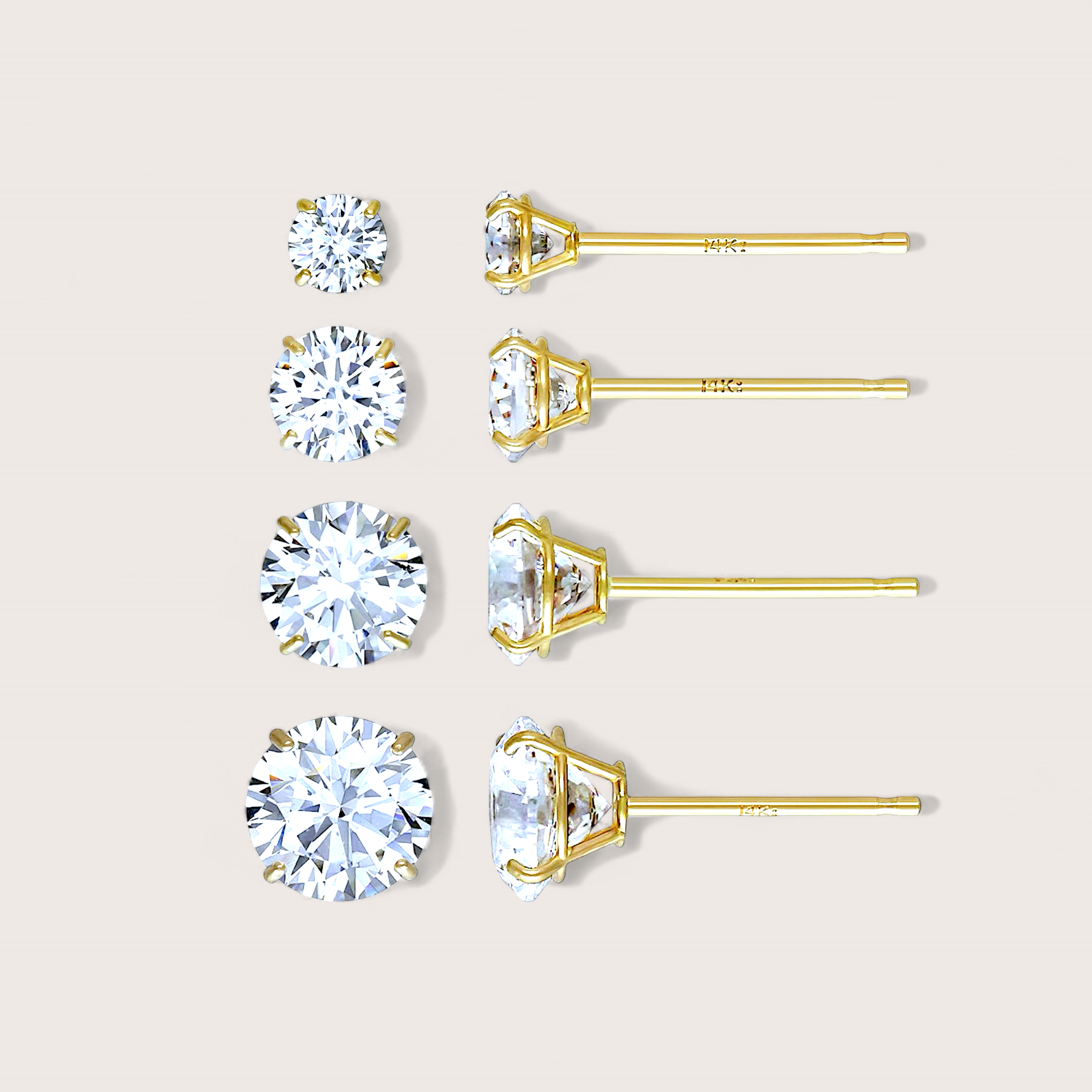 Solid 14K Gold Diamond Solitaire Stud Earrings showing the classic round brilliant-cut lab diamond in a polished four-prong yellow gold setting. 3mm - 6mm round.