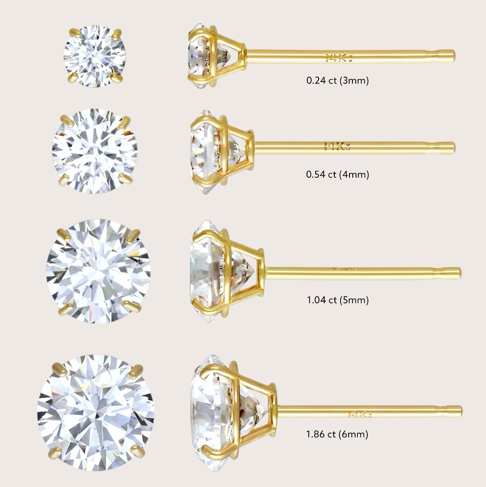 Sizing scale comparison of solid gold solitaire diamond earrings in 3mm, 4mm, 5mm, and 6mm stones.