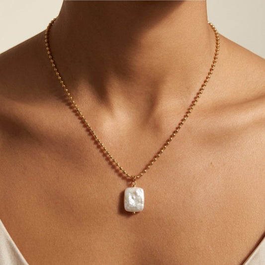 Gold Square Baroque Pearl Necklace - Freshwater Pendant