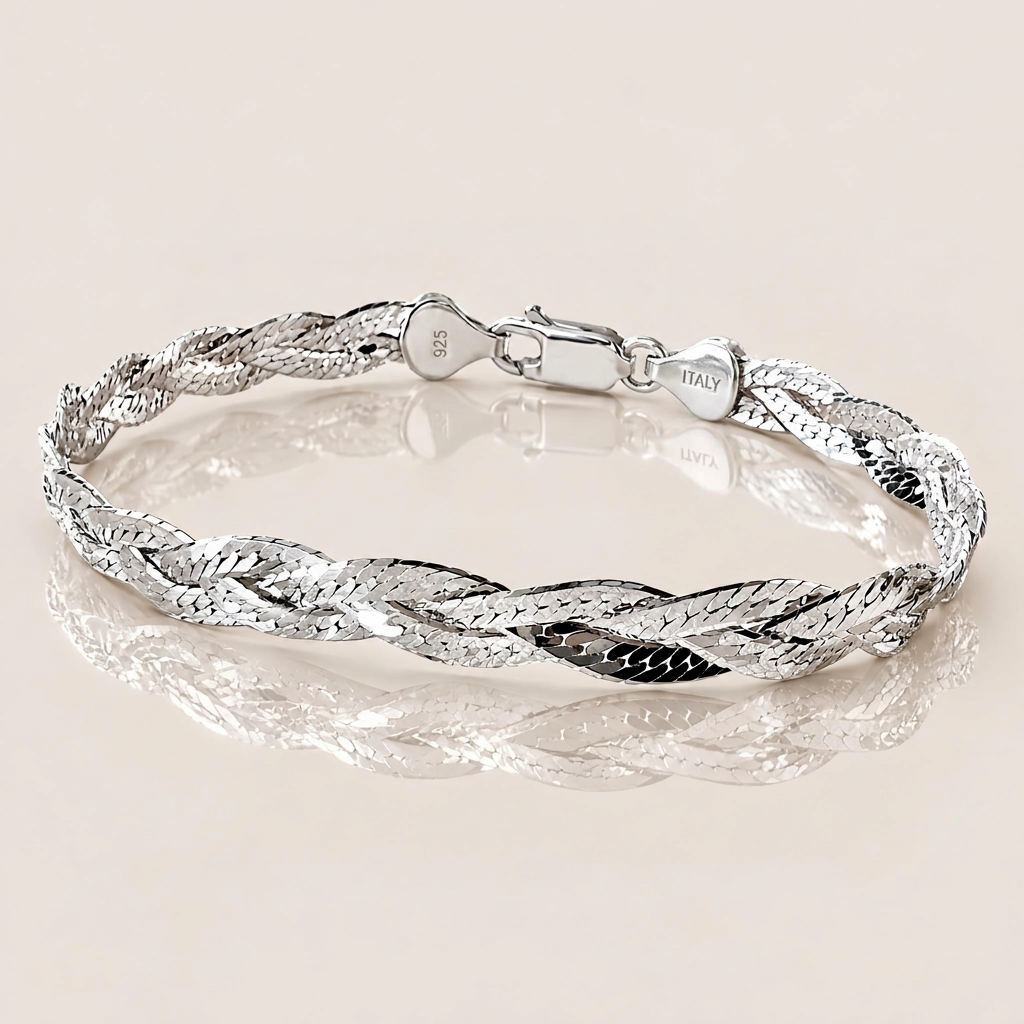 Italian sterling silver braided herringbone bracelet with lobster clasp and ITALY and 925 hallmarks