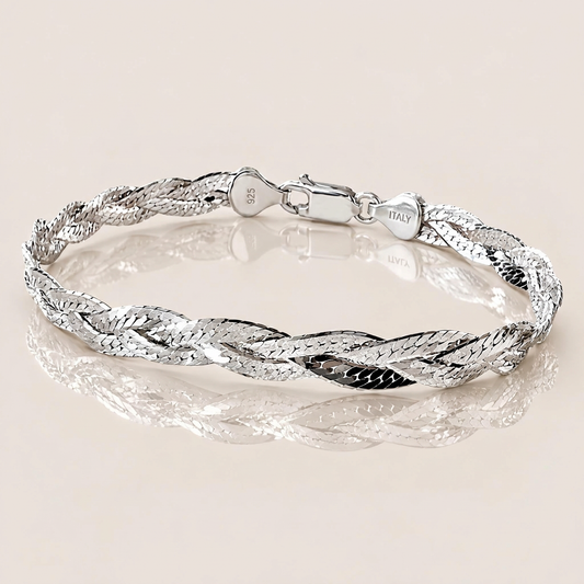 Italian sterling silver braided herringbone bracelet with lobster clasp and ITALY and 925 hallmarks