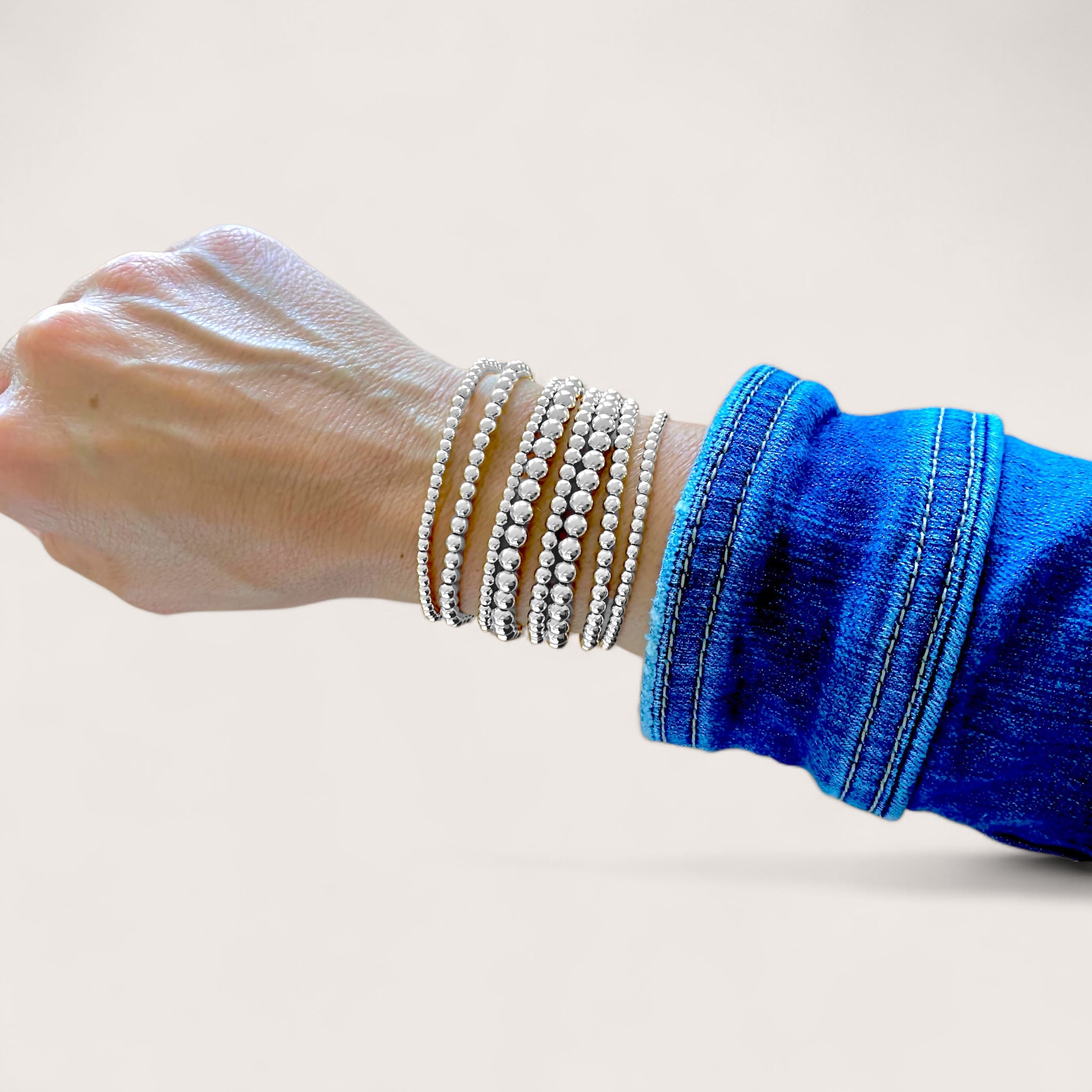 925 Sterling Silver Beaded Bracelet | Stackable Stretch Ball Stack